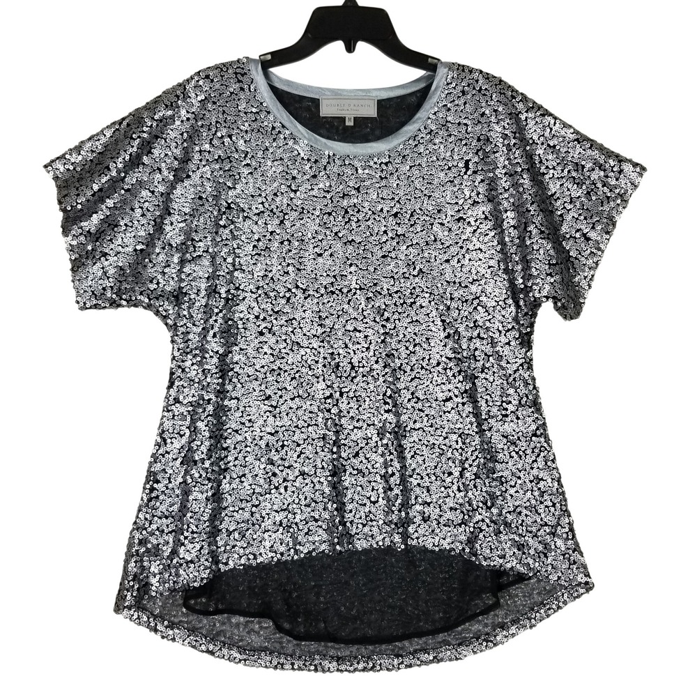 Double D Ranch Sequin Top Women Medium Silver High Low Mesh Short Sleeve